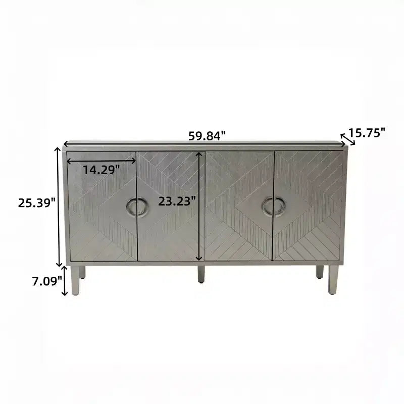 Sideboard Cabinet with 4 Carved Line Doors, Pine Legs, Zinc Alloy Semi-Circular Handles, Buffet Server Console for Living Room