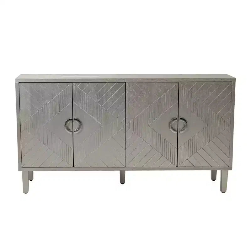 Sideboard Cabinet with 4 Carved Line Doors, Pine Legs, Zinc Alloy Semi-Circular Handles, Buffet Server Console for Living Room