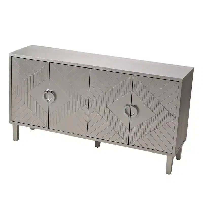 Sideboard Cabinet with 4 Carved Line Doors, Pine Legs, Zinc Alloy Semi-Circular Handles, Buffet Server Console for Living Room