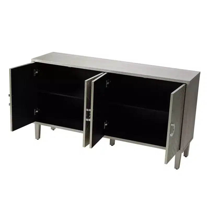 Sideboard Cabinet with 4 Carved Line Doors, Pine Legs, Zinc Alloy Semi-Circular Handles, Buffet Server Console for Living Room