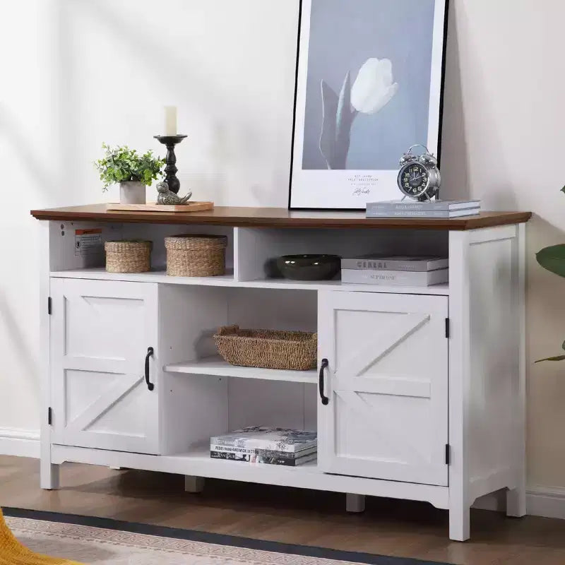 58 Farmhouse Sideboard Cabinet with Barn Doors, Adjustable Shelves - Antique White