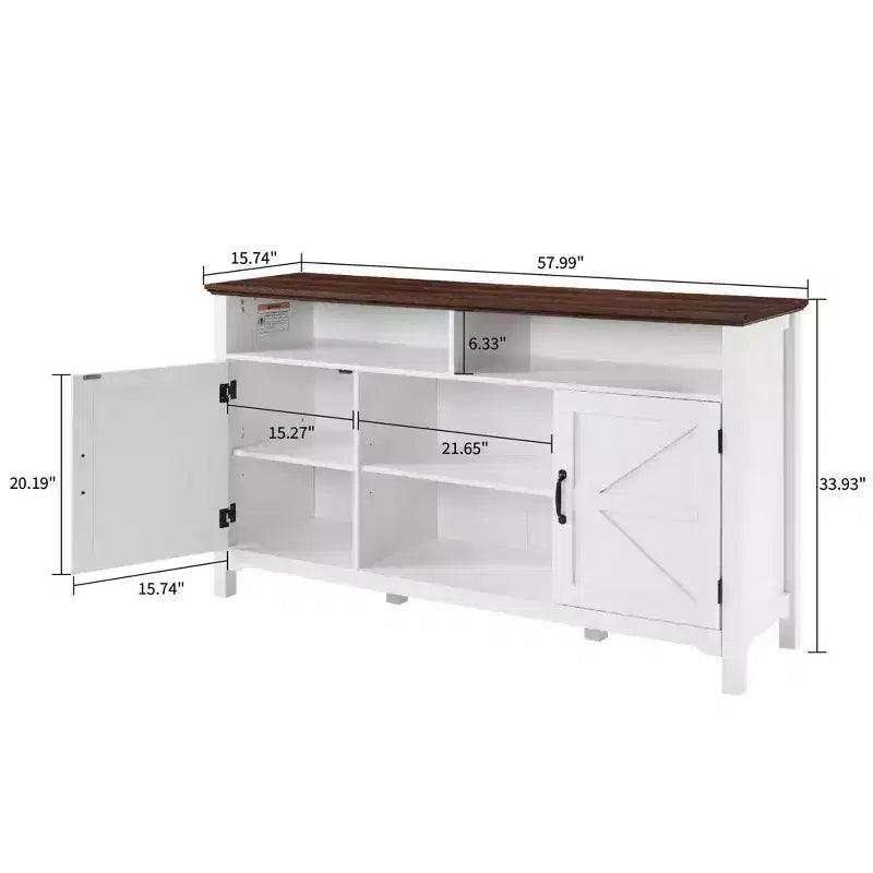 58 Farmhouse Sideboard Cabinet with Barn Doors, Adjustable Shelves - Antique White