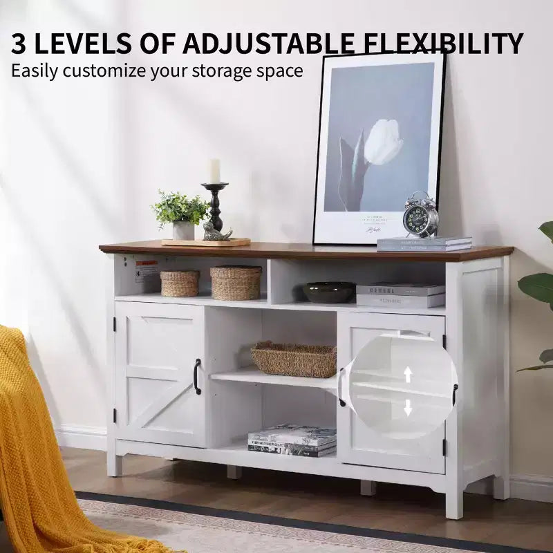 58 Farmhouse Sideboard Cabinet with Barn Doors, Adjustable Shelves - Antique White