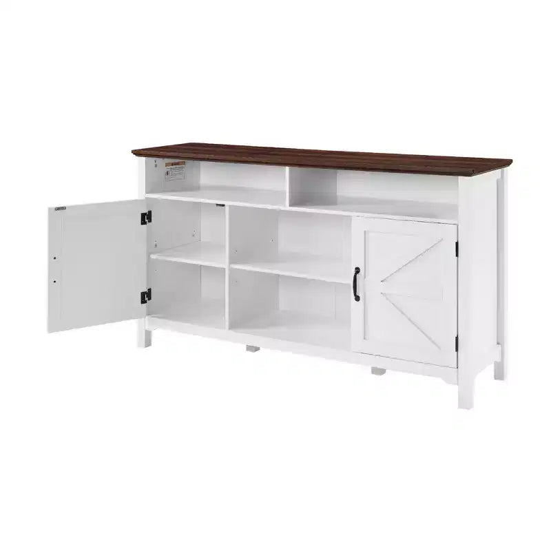 58 Farmhouse Sideboard Cabinet with Barn Doors, Adjustable Shelves - Antique White