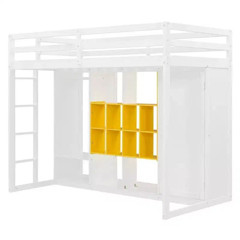 GDFStudio Donahue Wood Loft Bed with Wardrobe, shelves and Cabinet