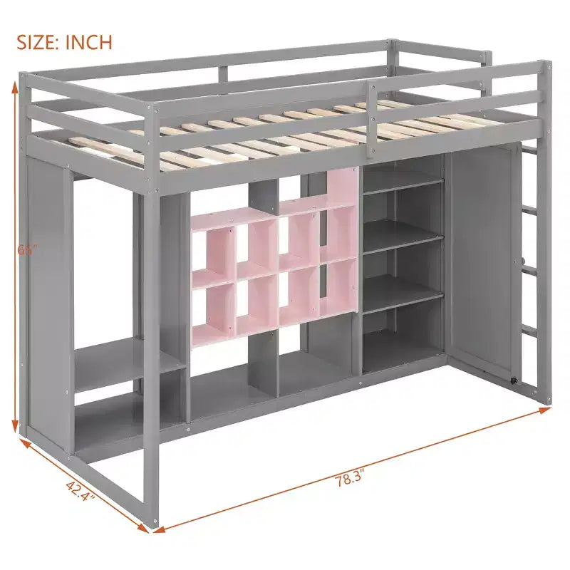 GDFStudio Donahue Wood Loft Bed with Wardrobe, shelves and Cabinet