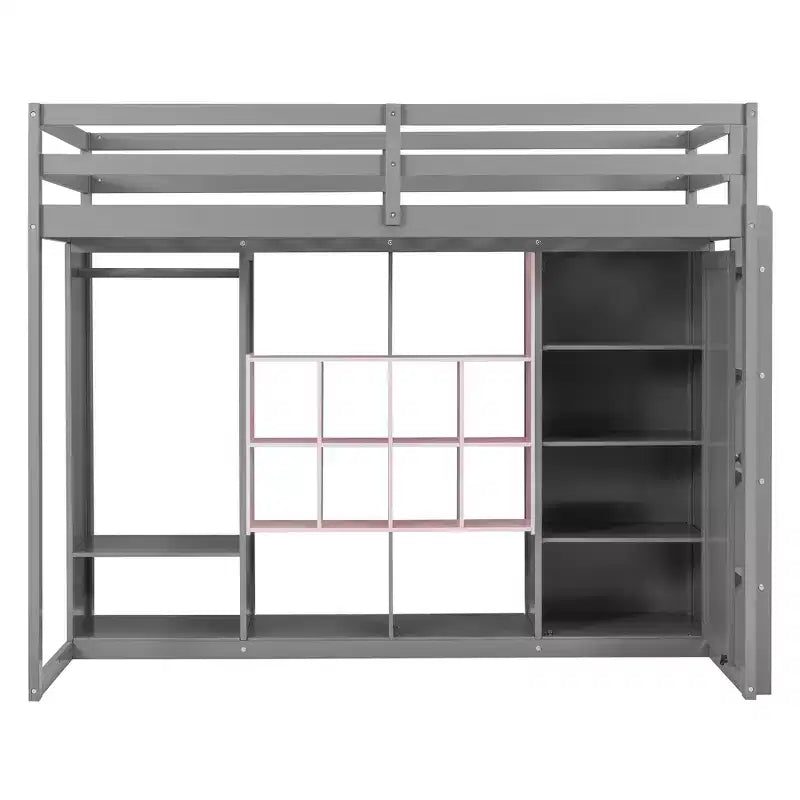 GDFStudio Donahue Wood Loft Bed with Wardrobe, shelves and Cabinet