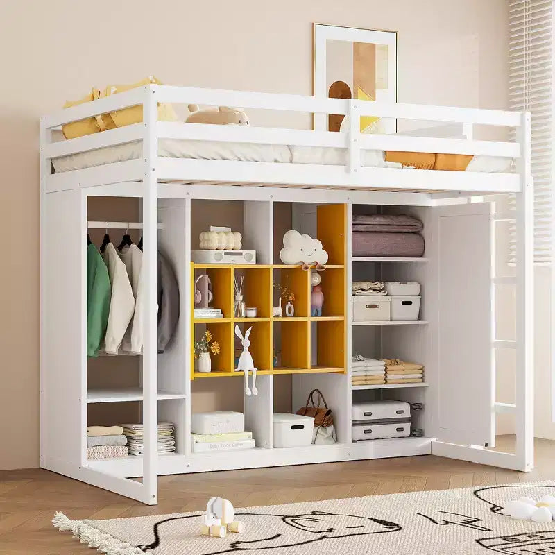 GDFStudio Donahue Wood Loft Bed with Wardrobe, shelves and Cabinet