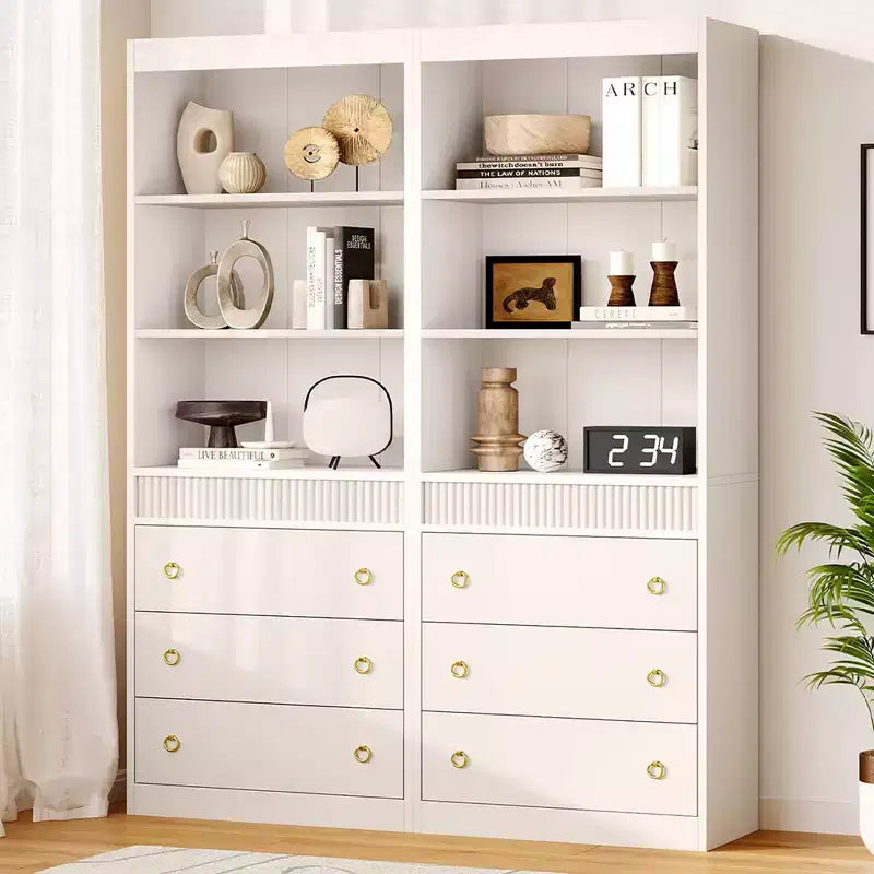 Bookshelf with Drawers 70.8Fluted Bookcase,White Bookshelf 6 Tier Bookcase with Storage,Tall Book Shelf with Waved Design,Storage Cabinet with Shelf