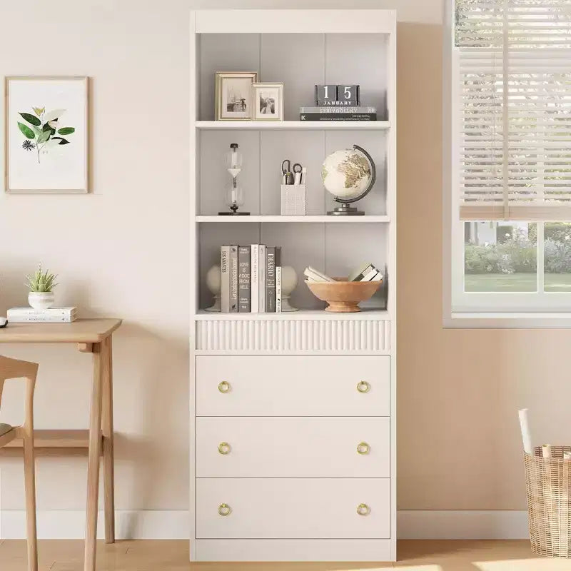 Bookshelf with Drawers 70.8Fluted Bookcase,White Bookshelf 6 Tier Bookcase with Storage,Tall Book Shelf with Waved Design,Storage Cabinet with Shelf