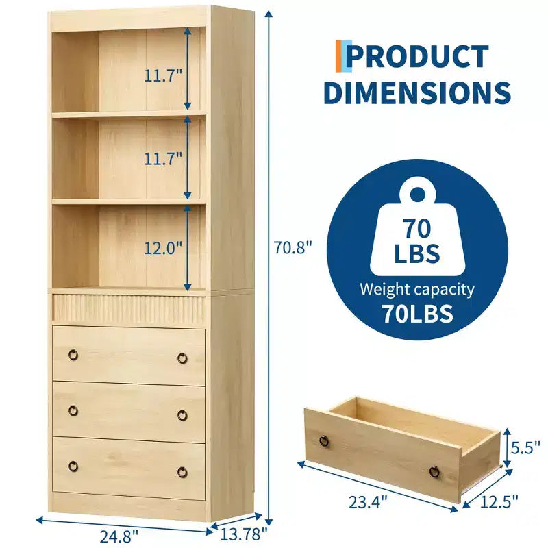 Bookshelf with Drawers 70.8Fluted Bookcase,White Bookshelf 6 Tier Bookcase with Storage,Tall Book Shelf with Waved Design,Storage Cabinet with Shelf