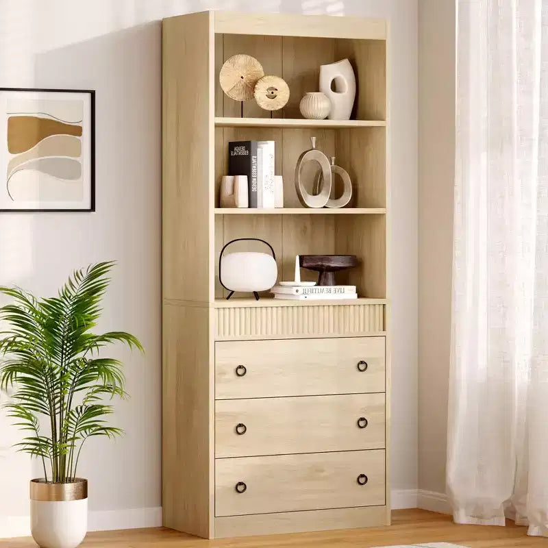 Bookshelf with Drawers 70.8Fluted Bookcase,White Bookshelf 6 Tier Bookcase with Storage,Tall Book Shelf with Waved Design,Storage Cabinet with Shelf