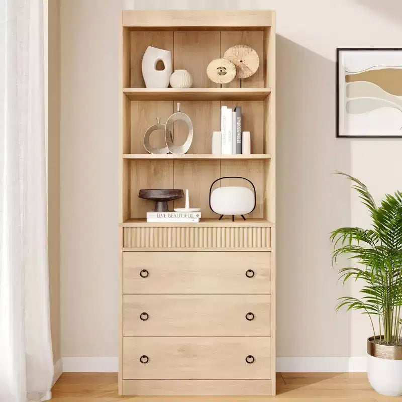 Bookshelf with Drawers 70.8Fluted Bookcase,White Bookshelf 6 Tier Bookcase with Storage,Tall Book Shelf with Waved Design,Storage Cabinet with Shelf