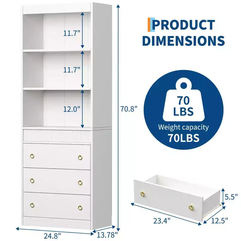 Bookshelf with Drawers 70.8Fluted Bookcase,White Bookshelf 6 Tier Bookcase with Storage,Tall Book Shelf with Waved Design,Storage Cabinet with Shelf