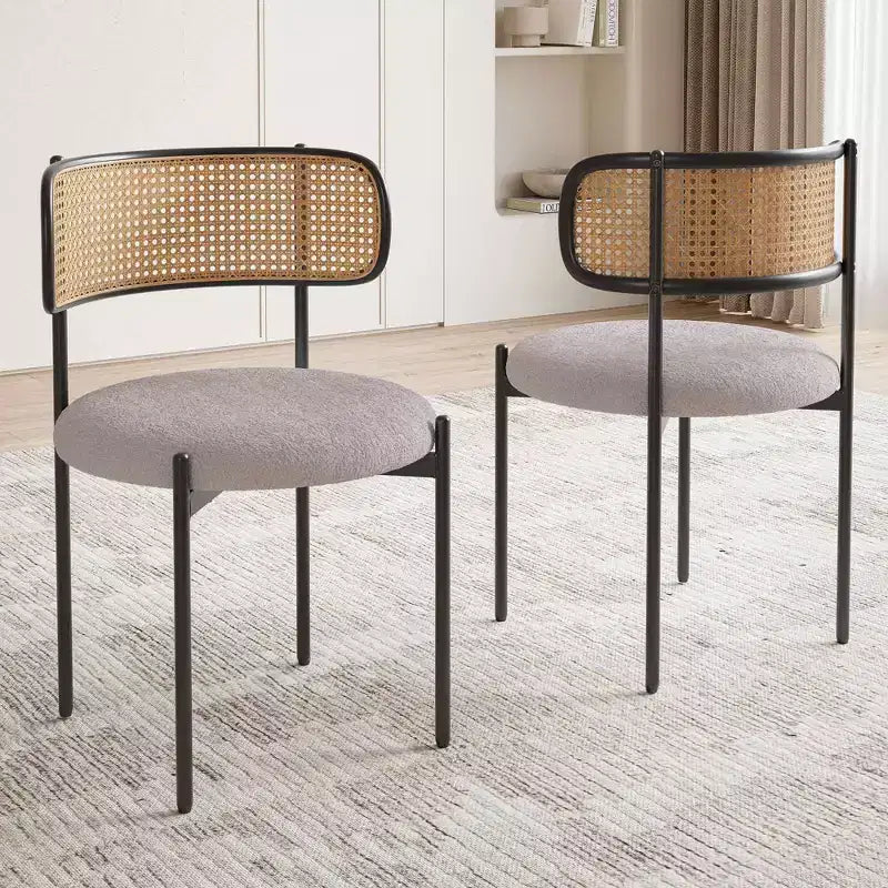 MAYEERTY Modern Upholstered Dining Chairs Set of 2 with Metal Legs Rattan Back Dining Room Chairs for Kitchen Gray