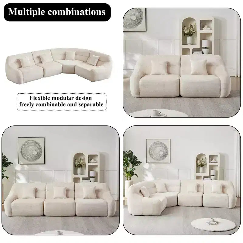 Clihome 123.2 Chenille Cloud Sectional Sofa, Modern Luxury Curved Sofa with 4 Pillows