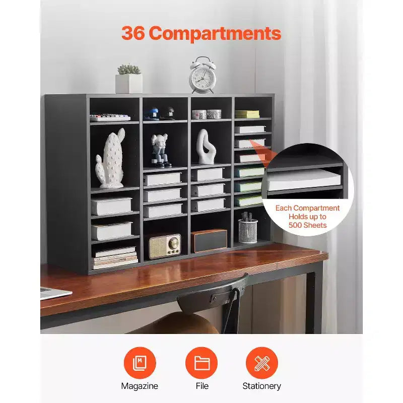 36-Compartment Literature Organizer with Adjustable Shelves Wood Mail Sorter