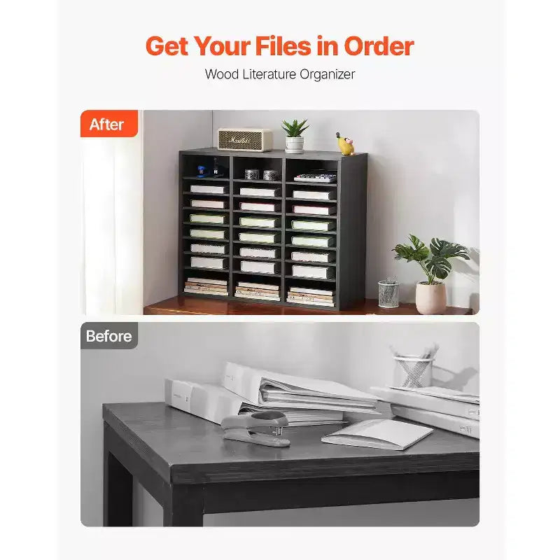 24-Compartment Literature Organizer with Adjustable Shelves Wood Mail Sorter