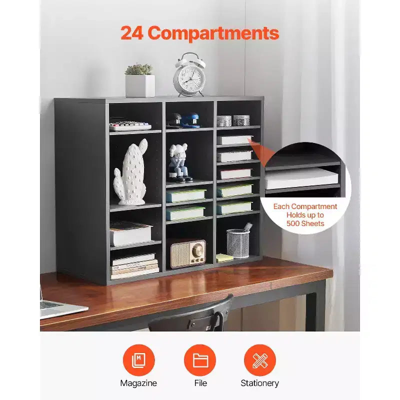 24-Compartment Literature Organizer with Adjustable Shelves Wood Mail Sorter