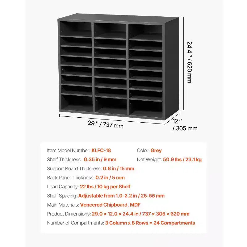24-Compartment Literature Organizer with Adjustable Shelves Wood Mail Sorter