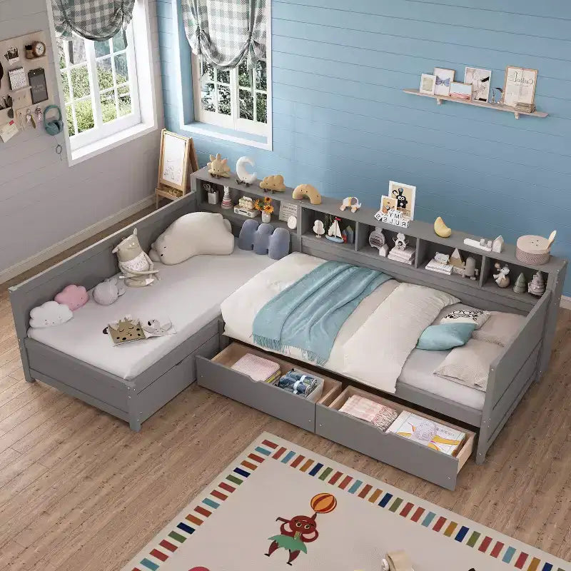 Twin Size Day Bed for 2, L- Shape Twin Size Platform Bed with Storage Drawers, Wooden Corner Bed with Bookshelf, Corner Bed Frame for Bedroom