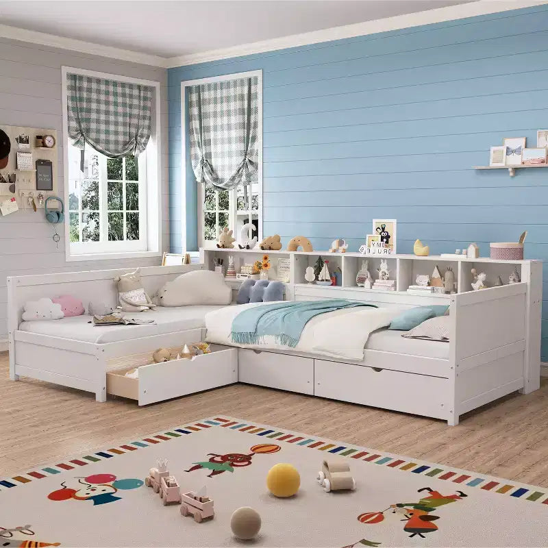 Twin Size Day Bed for 2, L- Shape Twin Size Platform Bed with Storage Drawers, Wooden Corner Bed with Bookshelf, Corner Bed Frame for Bedroom