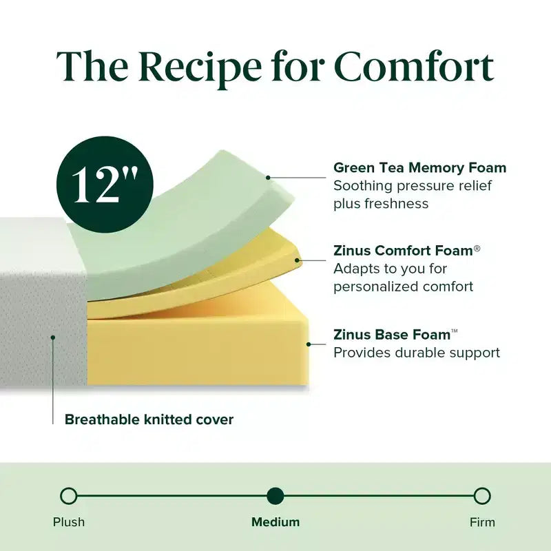 Zinus 12 Inch Queen Green Tea Memory Foam Mattress, Medium Firm Feel, Zoned Pressure Relief, Certified Safe Foams & Fabric, Mattress in A Box