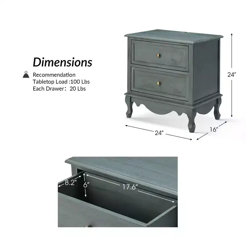 Fallah 24 Tall 2 - Drawer End Table with Two Drawers and Charging Station| KARAT HOME-BLUE