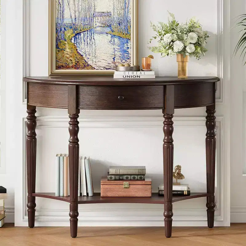 JVNOXK Farmhouse Half-Moon Console Table with Drawers and Shelves Rustic Side Table, Sofa Table for Living Room Rich Coffee Brown