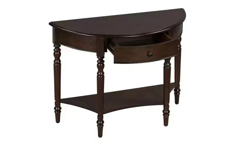 JVNOXK Farmhouse Half-Moon Console Table with Drawers and Shelves Rustic Side Table, Sofa Table for Living Room Rich Coffee Brown