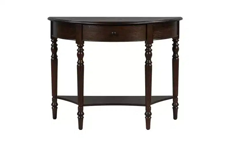 JVNOXK Farmhouse Half-Moon Console Table with Drawers and Shelves Rustic Side Table, Sofa Table for Living Room Rich Coffee Brown