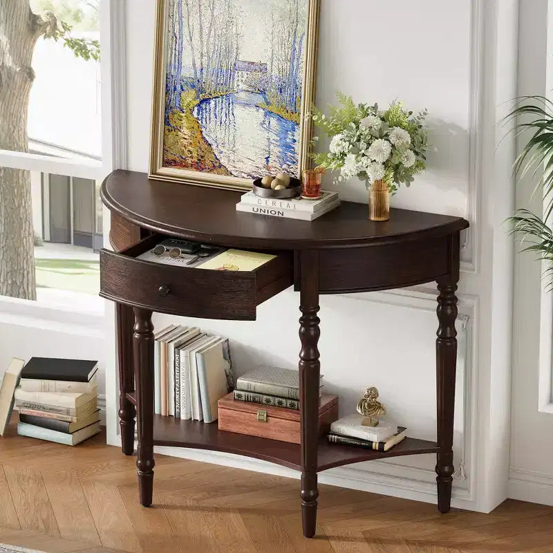 JVNOXK Farmhouse Half-Moon Console Table with Drawers and Shelves Rustic Side Table, Sofa Table for Living Room Rich Coffee Brown