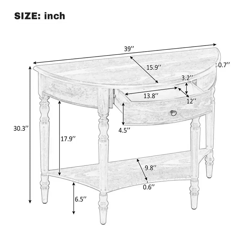 JVNOXK Farmhouse Half-Moon Console Table with Drawers and Shelves Rustic Side Table, Sofa Table for Living Room Rich Coffee Brown