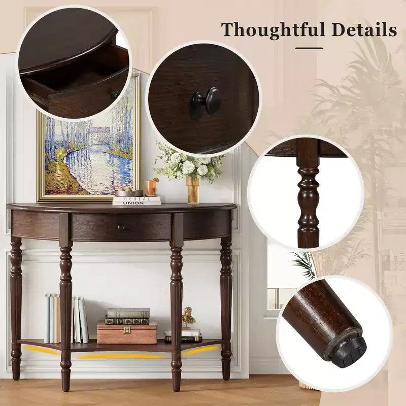 JVNOXK Farmhouse Half-Moon Console Table with Drawers and Shelves Rustic Side Table, Sofa Table for Living Room Rich Coffee Brown