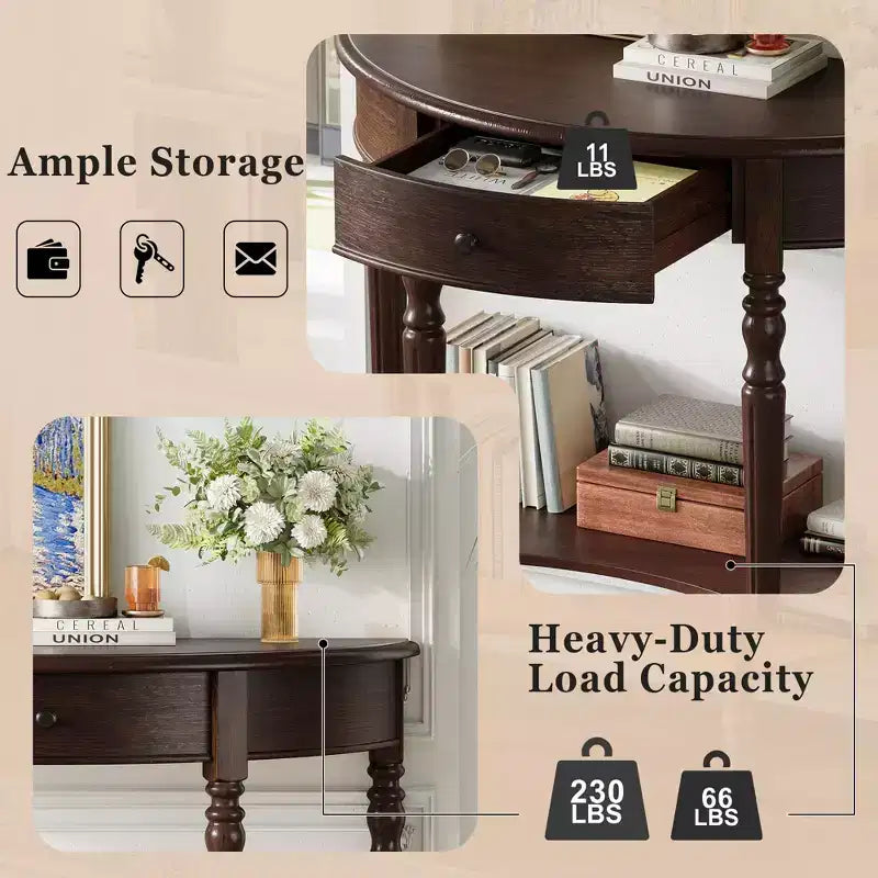 JVNOXK Farmhouse Half-Moon Console Table with Drawers and Shelves Rustic Side Table, Sofa Table for Living Room Rich Coffee Brown