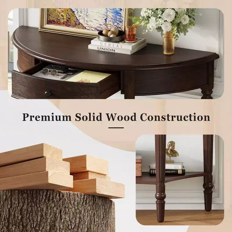 JVNOXK Farmhouse Half-Moon Console Table with Drawers and Shelves Rustic Side Table, Sofa Table for Living Room Rich Coffee Brown
