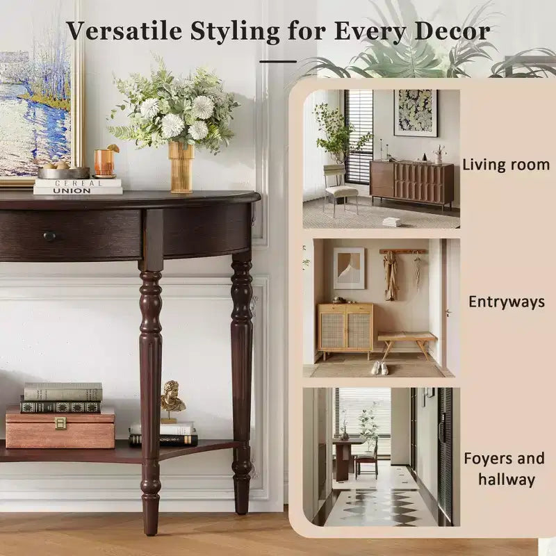 JVNOXK Farmhouse Half-Moon Console Table with Drawers and Shelves Rustic Side Table, Sofa Table for Living Room Rich Coffee Brown