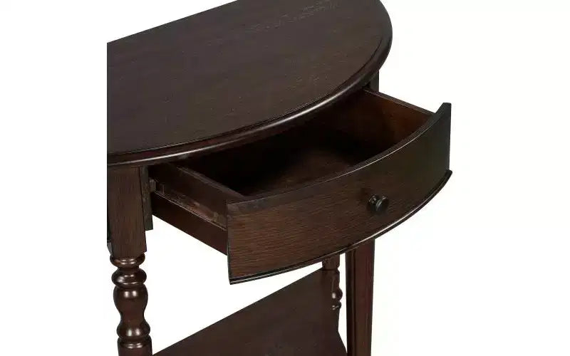 JVNOXK Farmhouse Half-Moon Console Table with Drawers and Shelves Rustic Side Table, Sofa Table for Living Room Rich Coffee Brown