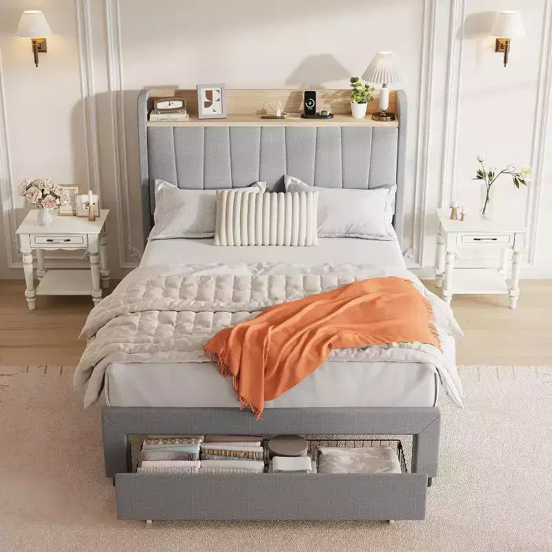 Acekool Twin Upholstered Bed Frame with Storage Headboard, Drawer & Charging Station, for Bedroom, No Box Spring Needed