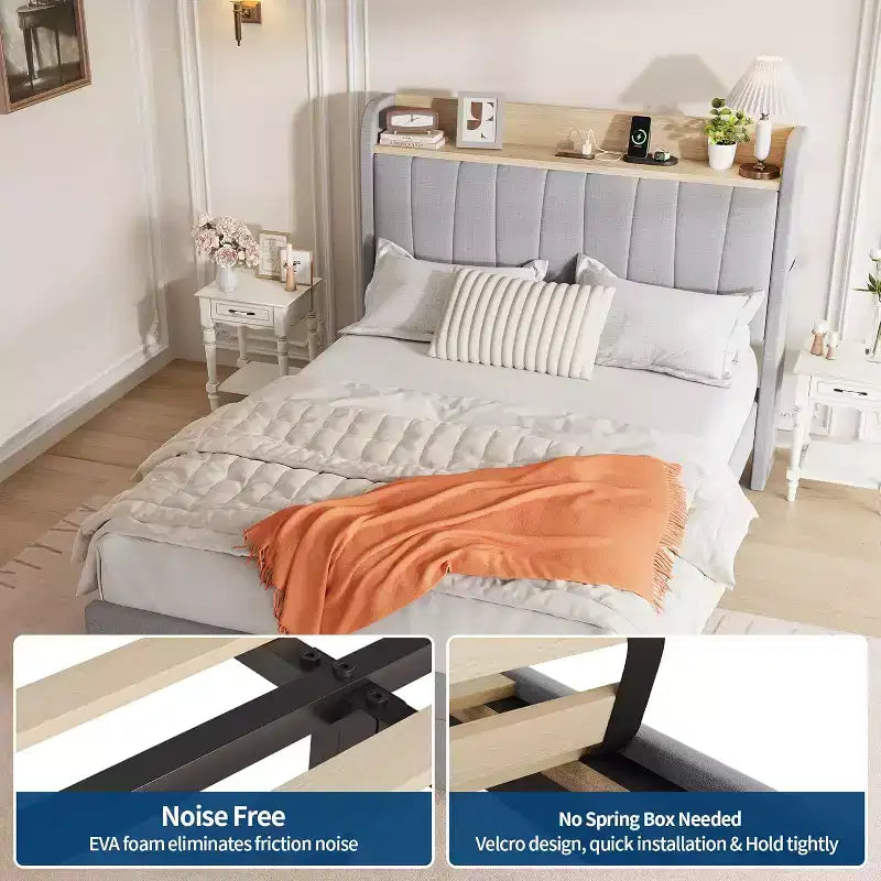 Acekool Twin Upholstered Bed Frame with Storage Headboard, Drawer & Charging Station, for Bedroom, No Box Spring Needed