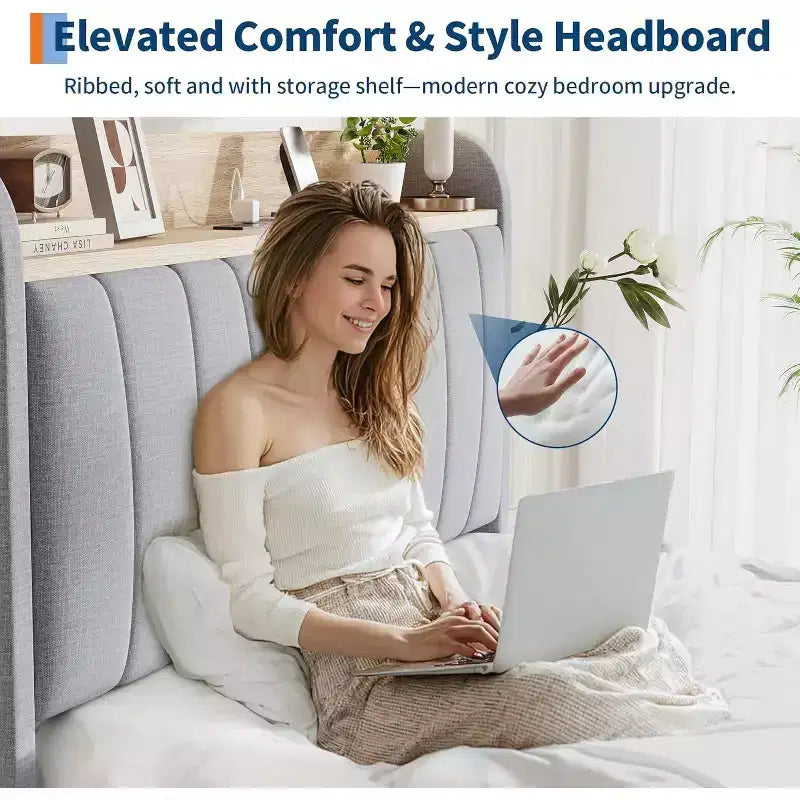 Acekool Twin Upholstered Bed Frame with Storage Headboard, Drawer & Charging Station, for Bedroom, No Box Spring Needed