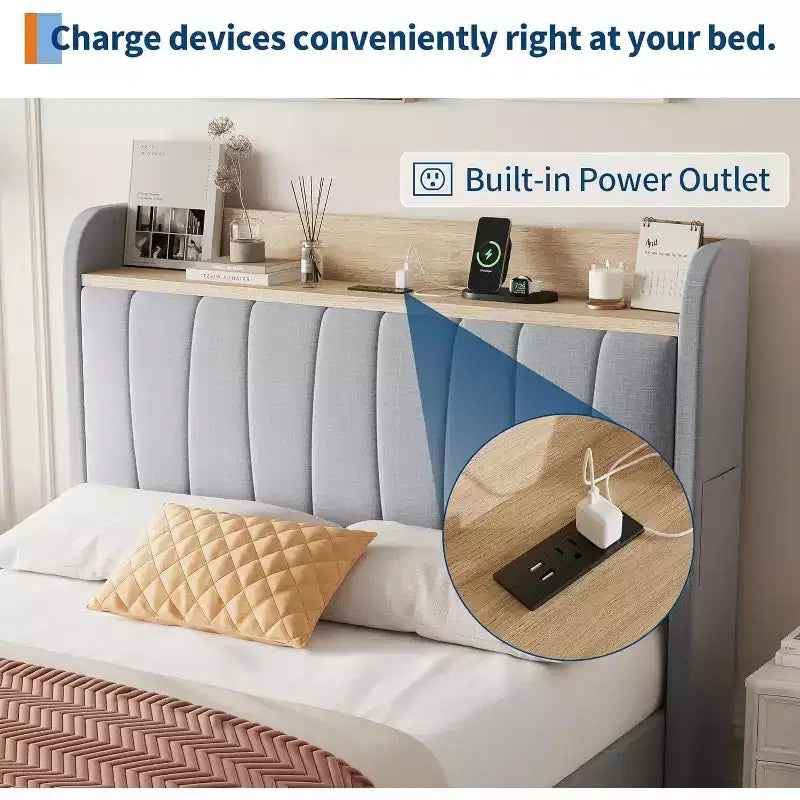 Acekool Twin Upholstered Bed Frame with Storage Headboard, Drawer & Charging Station, for Bedroom, No Box Spring Needed