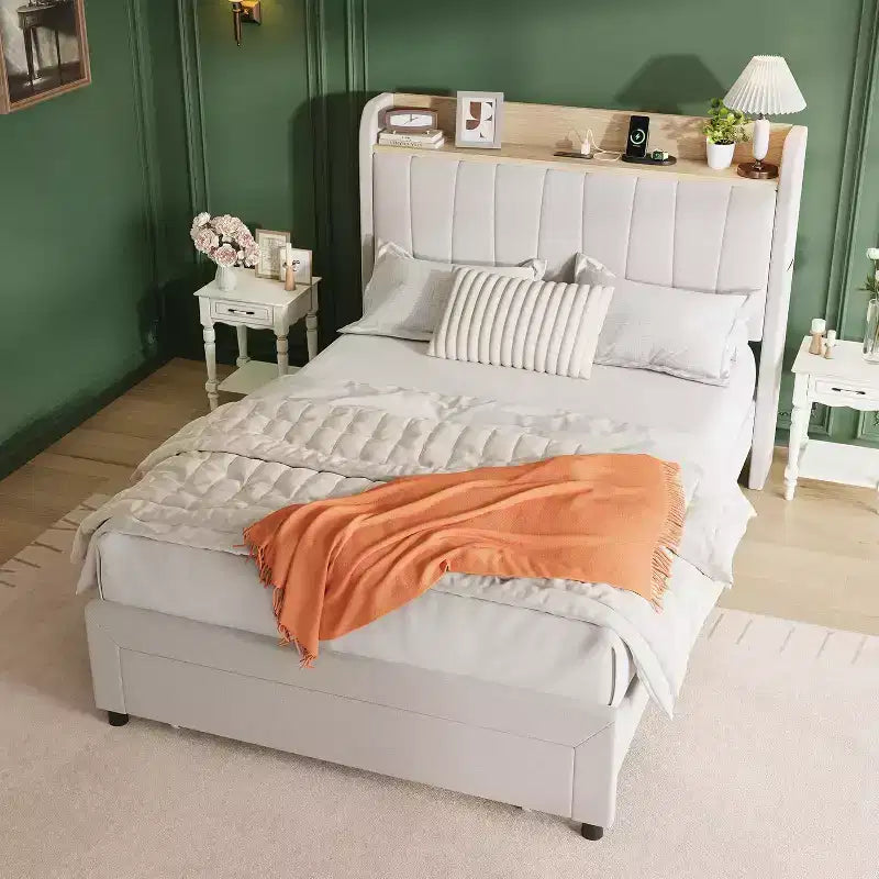 Acekool Twin Upholstered Bed Frame with Storage Headboard, Drawer & Charging Station, for Bedroom, No Box Spring Needed
