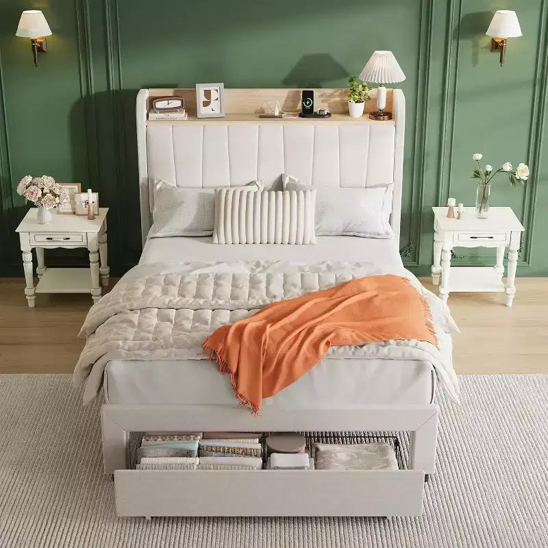 Acekool Twin Upholstered Bed Frame with Storage Headboard, Drawer & Charging Station, for Bedroom, No Box Spring Needed