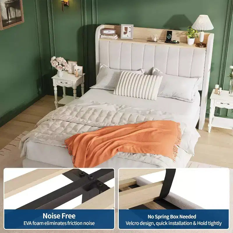 Acekool Twin Upholstered Bed Frame with Storage Headboard, Drawer & Charging Station, for Bedroom, No Box Spring Needed