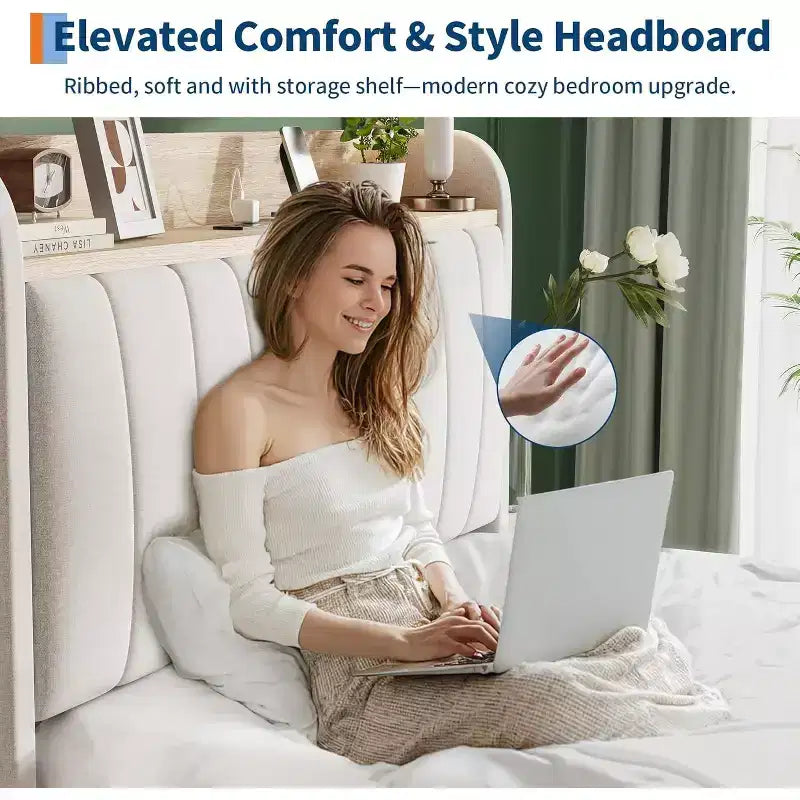 Acekool Twin Upholstered Bed Frame with Storage Headboard, Drawer & Charging Station, for Bedroom, No Box Spring Needed