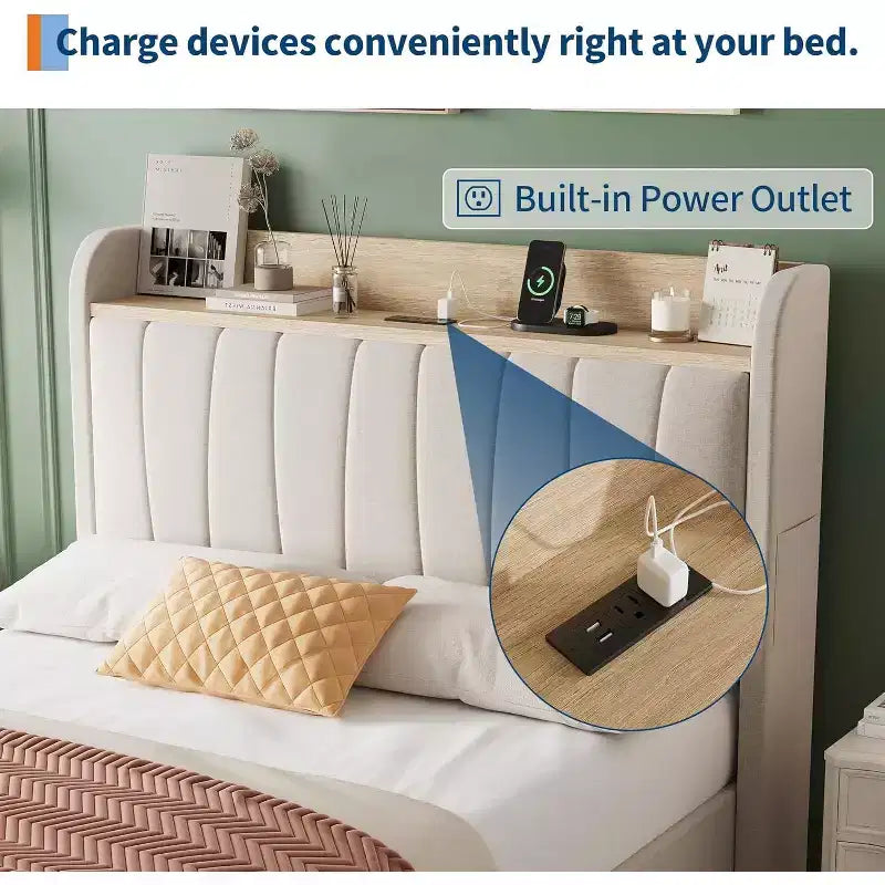 Acekool Twin Upholstered Bed Frame with Storage Headboard, Drawer & Charging Station, for Bedroom, No Box Spring Needed