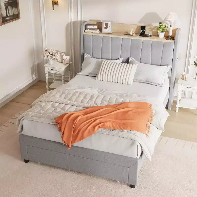 Acekool Twin Upholstered Bed Frame with Storage Headboard, Drawer & Charging Station, for Bedroom, No Box Spring Needed