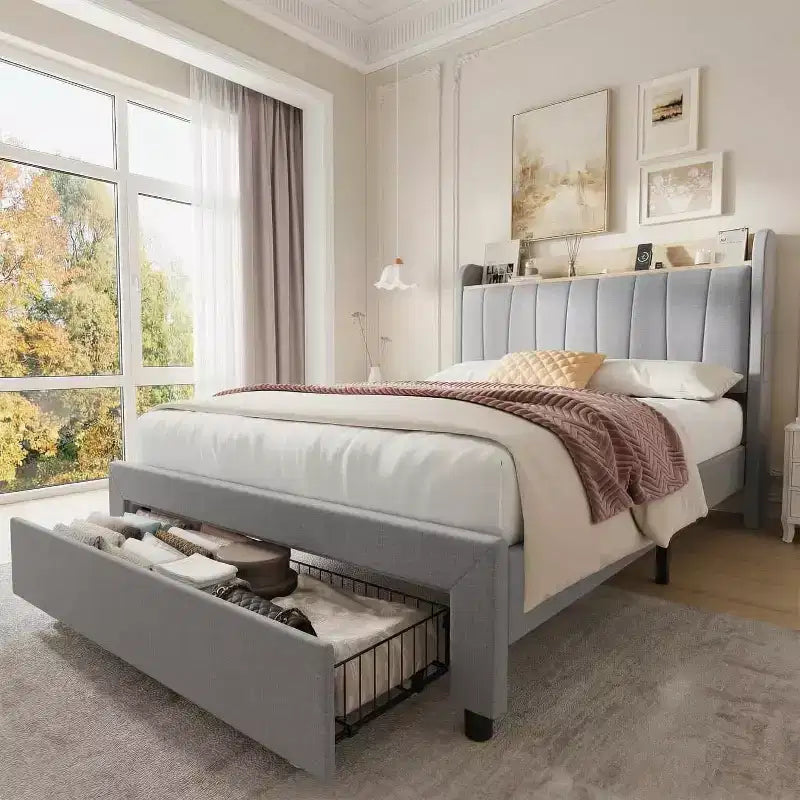 Acekool Twin Upholstered Bed Frame with Storage Headboard, Drawer & Charging Station, for Bedroom, No Box Spring Needed