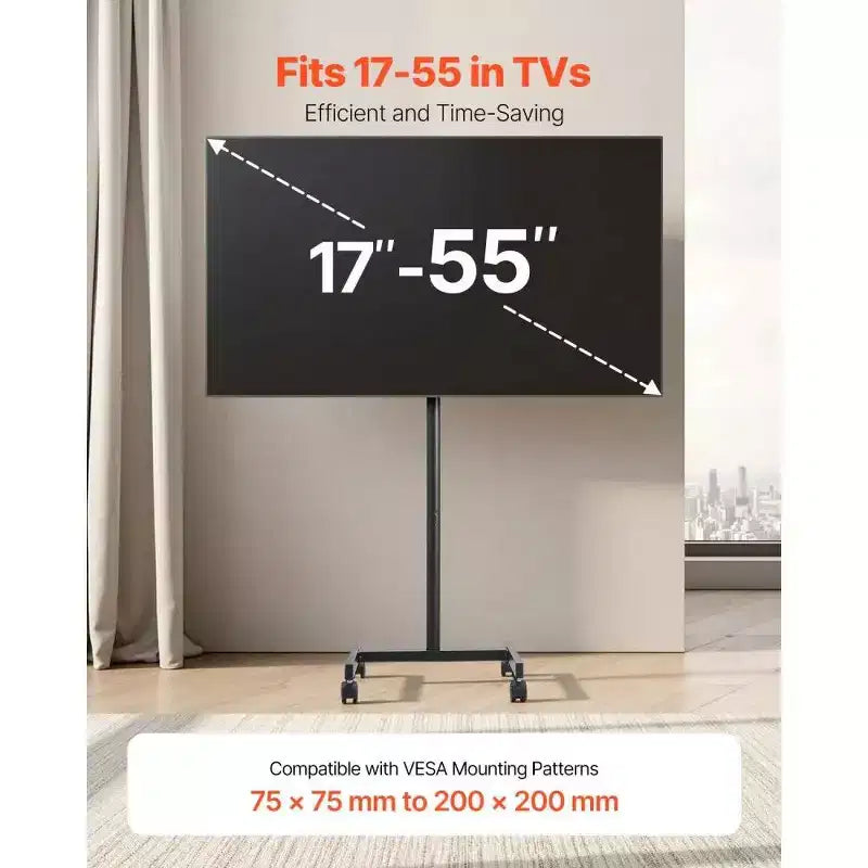 Rolling TV Stand for 1755 Inch TVs, Mobile TV Cart with Wheels, Portrait & Landscape Rotation, Holds up to 44 lbs, VESA 200x200